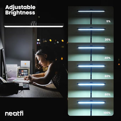 Neatfi LED Desk Lamp with 6-Level Brightness, Adjustable 2700~6500K Color Temperature, 14” Wide, Timer & Charging Port - Touch & Knob Control, 800 Lumens, Dimmable LED Table Light, 24W, CRI 85 (Black)