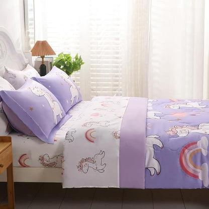 Wajade Kids Purple Unicorn Comforter Set Bed in A Bag Full Size 7 Piece Cute Unicorn Rainbow Clouds Bedding Set for Girls (1 Comforter, 1 Flat Sheet, 1 Fitted Sheet, 2 Pillowcase and 2 Pillow Sham)
