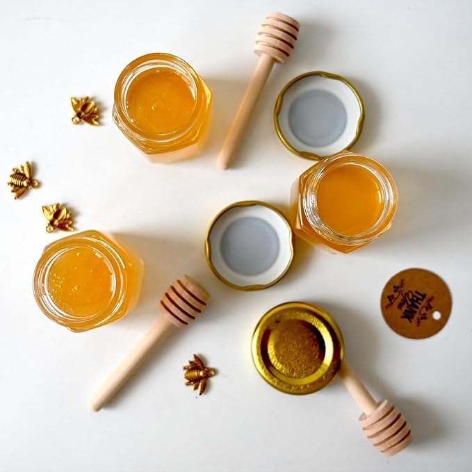 Adabocute Mini Honey Jars - Hexagon Little Glass Honey Jar with Gold Lids, Wooden Dippers, Bee Charms and Jutes - Small Honey Jars for Baby Showers, 20Pack