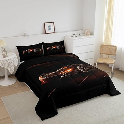 Feelyou Orange Race Car Bedding Set Twin Size for Kids Boys Extreme Sport Games Comforter Set Teens Toddler Fast and Furious Duvet Set Cool Modern Quilt Set 2Pcs