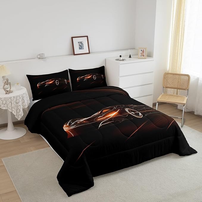 Feelyou Orange Race Car Bedding Set Full Size for Kids Boys Extreme Sport Games Comforter Set Teens Toddler Fast and Furious Duvet Set Cool Modern Quilt Set 3Pcs