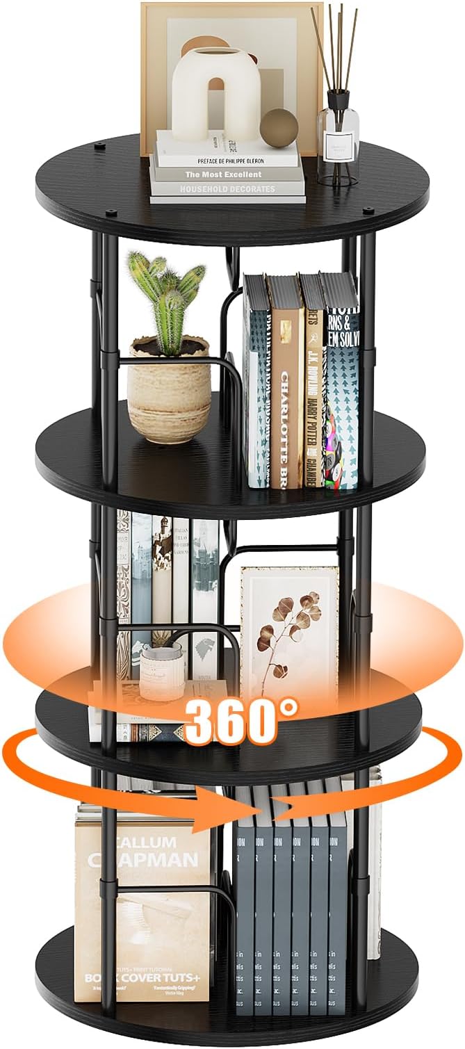 Rotating Bookshelf, 3 Tier Round Revolving Bookcase with Special Visible Partition Storage, 360° Display Spinning Bookshelf Tower Storage Organizer Rack for Bedroom, Living Room, Small Space, Black