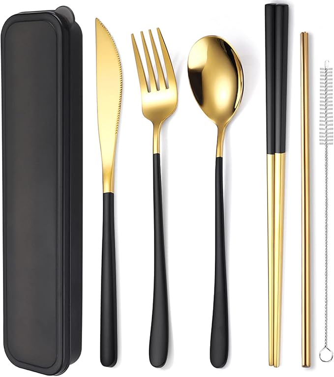 AARAINBOW 6 Pieces 18/8 Stainless Steel Flatware Set Portable Reusable Cutlery Set Travel Utensils Set Including Chopsticks Knife Fork Spoon Straws Cleaning Brush Dishwasher Safe (Black golden)