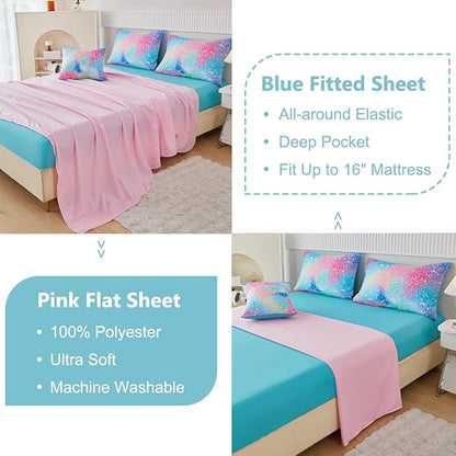 PERFEMET Rainbow Queen Girls Bedding Set, 6 Pieces Glitter Pink Green Comforter for Queen Size Bed, Colorful Tie Dye Ombre Teen Girls Bed in A Bag Comforter Set with Sheets