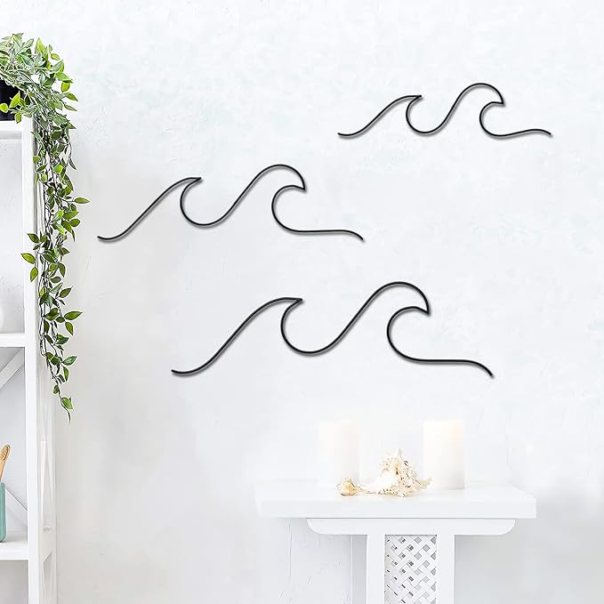 Qmetalart Wave Wall Decor Black Metal Wire Wall Art Ocean Coastal Sea Beach Pictures Surf Nursery Themed Hanging for Home Living Room Sum-mer Seaside Decoration for Bedroom Bathroom