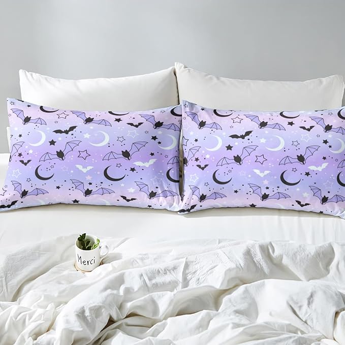Feelyou Halloween Comforter Rainbow Comforter Set for Boys Girls Children Bat Moon Star Print Bedding Set Halloween Theme Purple Gradient Style Room Decor Queen Size Duvet Set 3Pcs