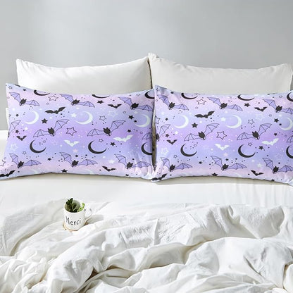 Feelyou Halloween Comforter Rainbow Comforter Set for Boys Girls Children Bat Moon Star Print Bedding Set Halloween Theme Purple Gradient Style Room Decor Queen Size Duvet Set 3Pcs