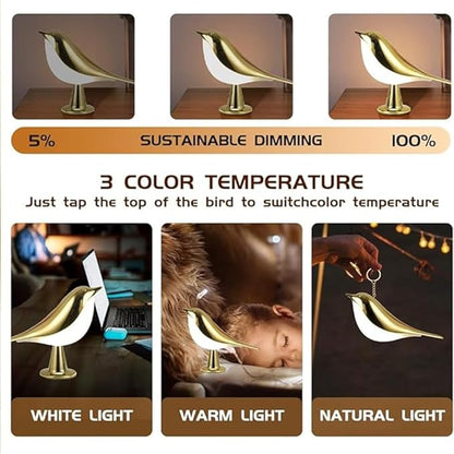 FUYUNXIN Bird Lamp Bedside Lamps - Rechargeable Cordless Table Lamp with 3 Color Temperatures and Touch Sensor - Perfect for Bedroom Nightstand (Gold)
