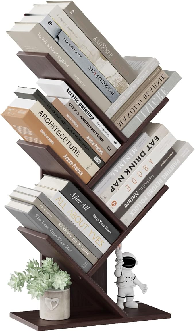 Tree Bookshelf, 5 -Tier Book Storage Organizer Shelves Floor Standing Bookcase, Wood Storage Rack for Office Home School Shelf Display for Cd/Magazine (Dark Walnut)