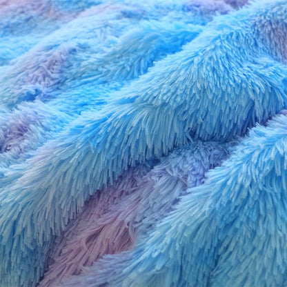 Faux Fur Kids Girls Blue Rainbow Comforter Sets Twin/Full - 3PC Bed Set Warm Comfortable Soft Plush Flannel Velvet Fluffy Fuzzy Bedding（Comforter x 1 Pillowcases x 2）