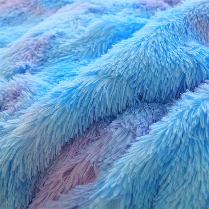 Faux Fur Kids Girls Blue Rainbow Comforter Sets King - 3PC Bed Set Warm Comfortable Soft Plush Flannel Velvet Fluffy Fuzzy Bedding（Comforter x 1 Pillowcases x 2）