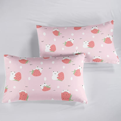 Cartoon Bear Comforter Full Size,Pink Strawberry Comforter Set for Kids Teens Girls,3Pcs Bedding Set Printed Comforter with 2 Pillowcases,Down Alternative,Soft and Lightweight，Full Size