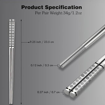 Metal Chopsticks Reusable,Stainless Steel,Dishwasher Safe,5 Pairs,Silvery | Gift Box Set,Square,Lightweight, Non-Slip,Laser Engraved Patterns No fade