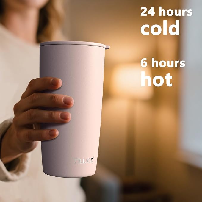 TILUCK 20 oz Insulated Coffee Tumbler with BPA-Free Lid | Travel Coffee Mug, Dishwasher Safe, Cup Holder Friendly, Double-Wall Vacuum Insulation for Hot & Cold Drinks, Matte LightPink