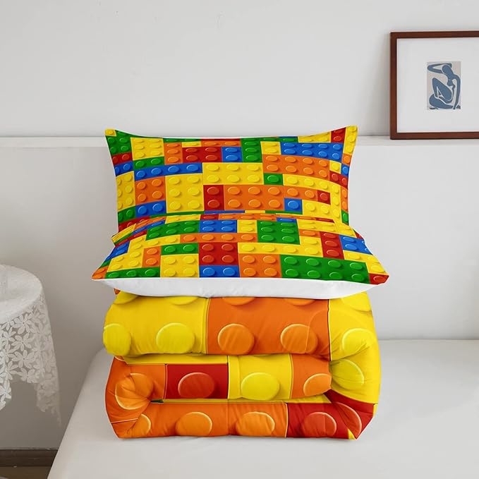Feelyou Games Comforter Set Twin Size Building Blocks Bedding Set for Kids Boys Girls Colorful Geometric Toy Brick Comforter Gaming Nursery Quilt Duvet Set with 1 Pillowcase Boys