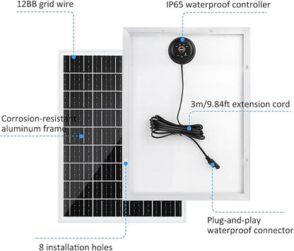 25W 18V Solar Panel with Rear-Mounted PWM Charge Controller 23% High Efficiency 12BB N-Type Monocrystalline Solar Cells for Camera Farm Rooftop Door Opener Lawn Street Light Pump Camp IP65 Waterproof