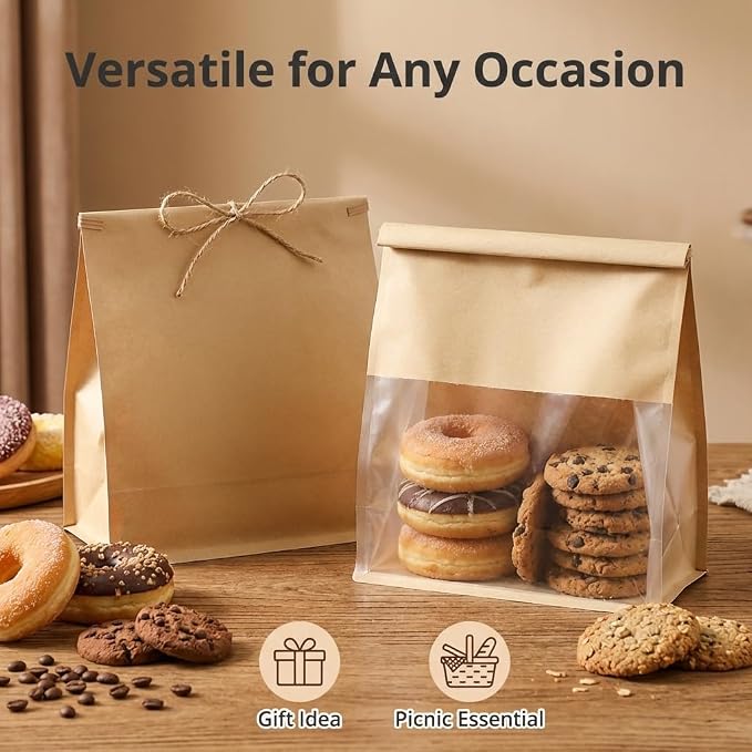200 Pack Eco-Friendly Kraft Paper Bakery Bags with Clear Window, Reusable Tin Tie Tab Lock for Sealed Freshness, Baked Goods Packaging for Gifting and Bake Sale Extra small(3.9*9.4*3.5Inches)