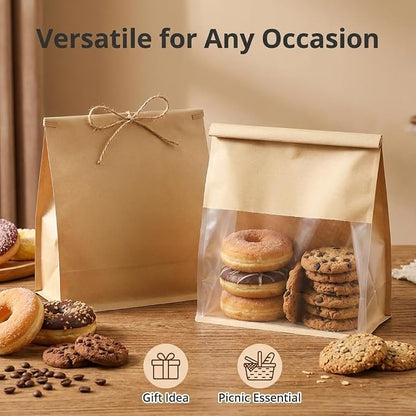 200 Pack Eco-Friendly Kraft Paper Bakery Bags with Clear Window, Reusable Tin Tie Tab Lock for Sealed Freshness, Baked Goods Packaging for Gifting and Bake Sale Extra small(3.9*9.4*3.5Inches)