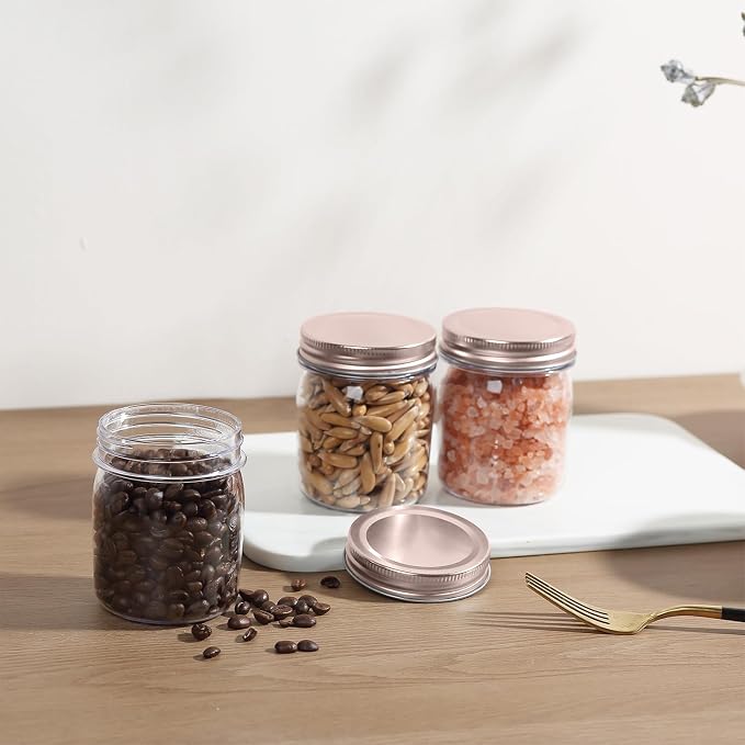 novelinks 8 oz Plastic Mason Jars and Clear Plastic Jars with Lids 8 oz | 32 Pack, Rose Gold, Plastic Containers with Lids, Small Mason Jars, Clear Jars Bulk, Spice Jars, Slime Jars, Mini Jars