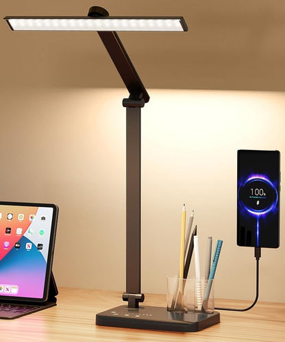 LED Desk Lamp with USB Charging Port, Eye-Caring Table Lamp, Touch Control Dimmable 5 Color Modes, 45 Min Auto-Off Timer, Foldable Study Desk Light for Home Office College Dorm & Reading