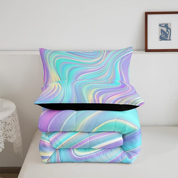 Pastel Rainbow Comforter Set with Pillowcase Abstract Wave Stripes 3D Printed Designs 2 Piece Bedroom Duvet Set Psychedelic Girl Bed Down Comforter for Kids Women Dorm Room (Twin,Coulourful Marble)