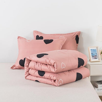 Love Pattern Girls Pink Comforter Set King Size, Cameo Brown Cute Love Heart Sexy Comforter Bedding Set for All Seasons, Soft Microfiber 3 Pieces Comforter Set with Pillowcases