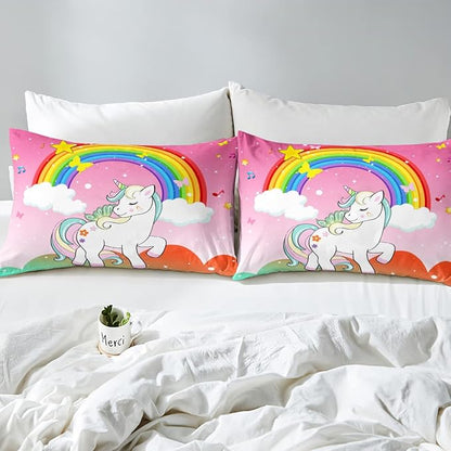 Girls Unicorn Comforter Set Full Size Kawaii Cute Unicorn Bedding Sets Ombre Starry Sky Down Comforter Cartoon Horse Quilt Colorful Rainbow Butterfly Reversible Comforters & Sets Bedroom Decor,3Pcs
