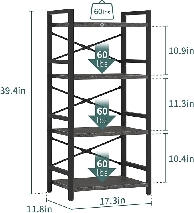 Yoobure 4 Tier Bookshelf - Small Book Shelf Industrial Bookcase, Narrow Book Case Book Storage Organizer for CD/Movie/Book, Bookshelves for Bedroom Office Living Room Charcoal Gray