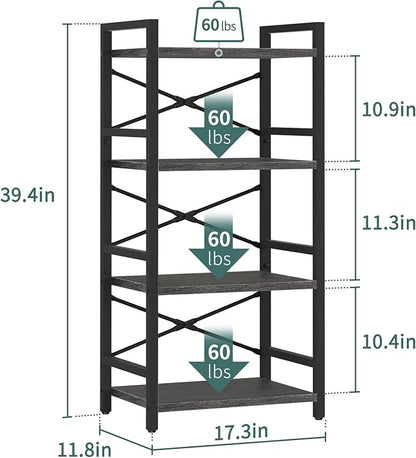 Yoobure 4 Tier Bookshelf - Small Book Shelf Industrial Bookcase, Narrow Book Case Book Storage Organizer for CD/Movie/Book, Bookshelves for Bedroom Office Living Room Charcoal Gray
