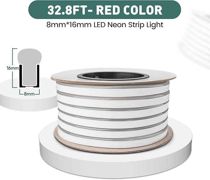 GZBtech Flexible LED Neon Rope Lights 33FT,AC 110-120V Waterproof Strip Light, 120 LEDs/M Cuttable Connectable Neon Lighting for Indoor Outdoor Home Decor/Commercial Building Use-Red 10M