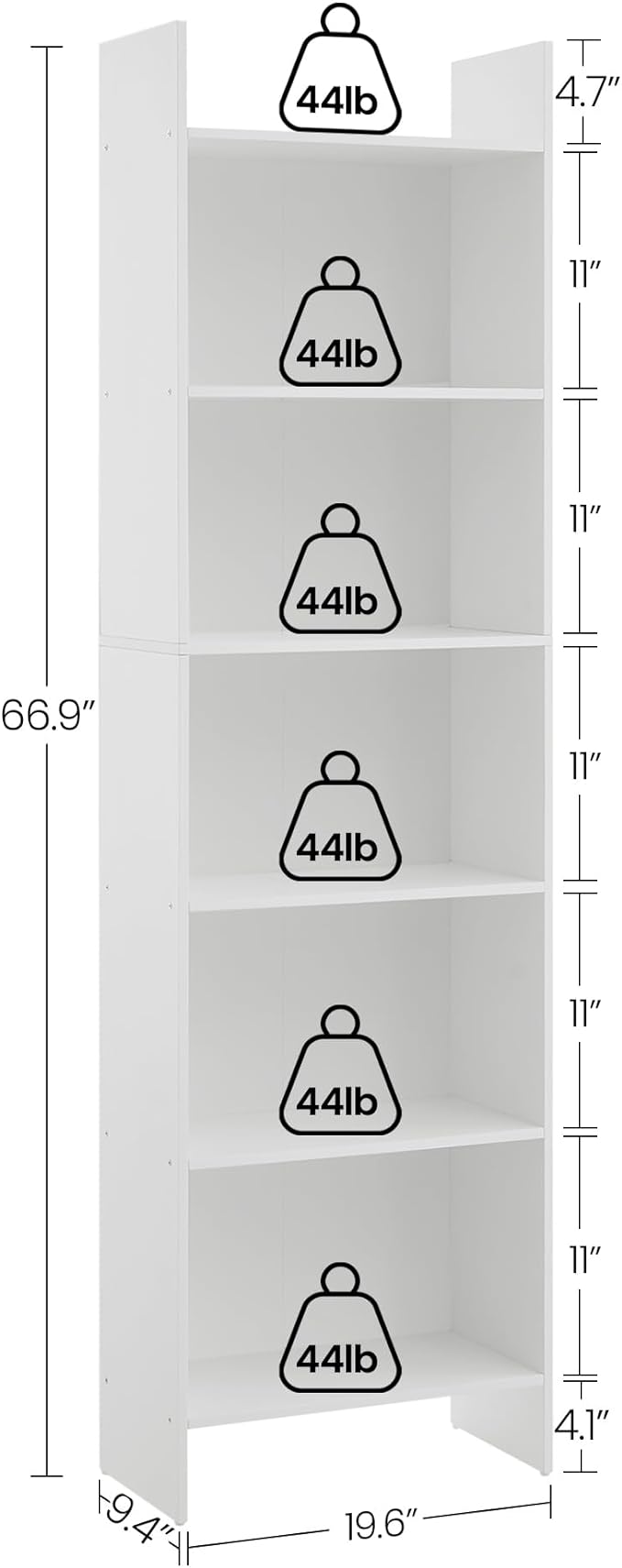 6-Tier Bookshelf, 66.9 Inches Floor Standing Bookcase, Display Storage Shelf, Corner Shelf, Home Decor Furniture for Home Office, Living Room, Bedroom, White 01103XBC