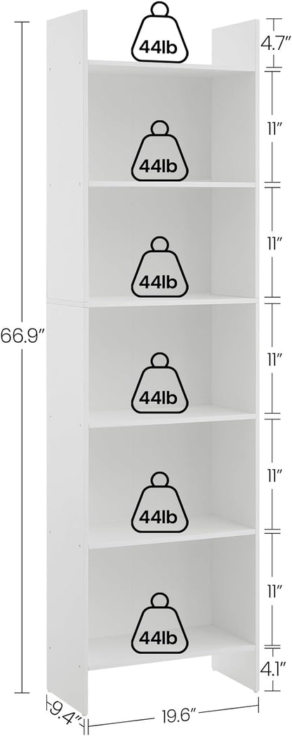 6-Tier Bookshelf, 66.9 Inches Floor Standing Bookcase, Display Storage Shelf, Corner Shelf, Home Decor Furniture for Home Office, Living Room, Bedroom, White 01103XBC