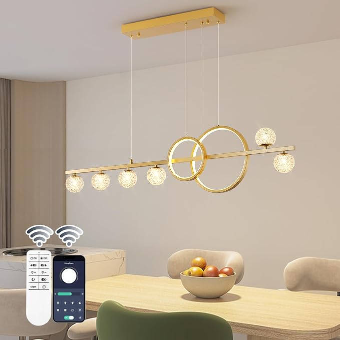 ORANOOR Modern Gold Chandeliers Pendant Light, 47in Dimmable LED Chandelier | Linear Gold Pendant Light for Kitchen Island Dining Room, 6 Globe Hanging Pendant Chandelier Lighting Fixture, 2 Rings 4200lm