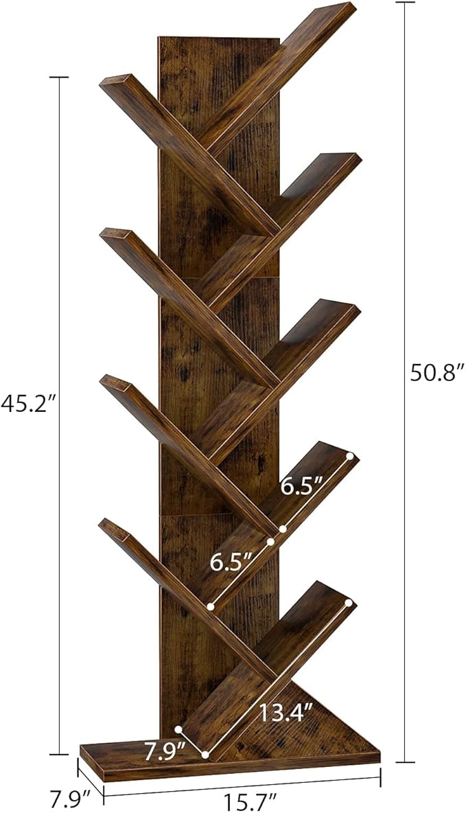 Topfurny Tree Bookshelf, 9-Tier Shelf Rustic Brown Bookcase, Retro Wood Storage Rack for CDs/Movies/Books, Anti-Fall Utility Organizer Shelves for Living Room, Bedroom, Home Office, Rustic