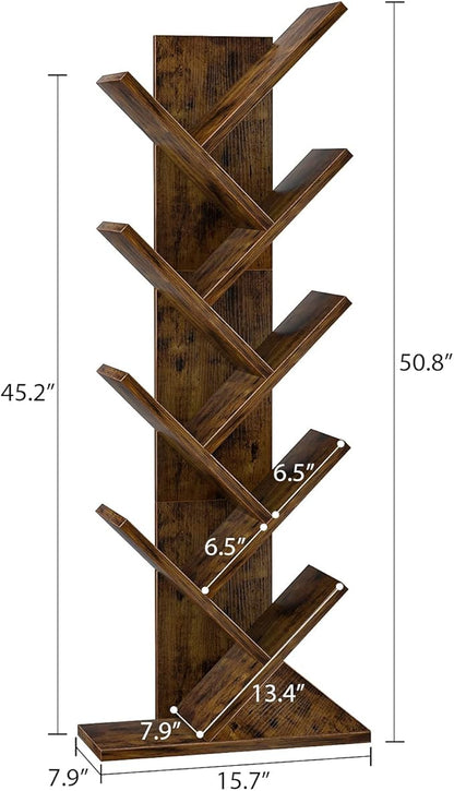 Topfurny Tree Bookshelf, 9-Tier Shelf Rustic Brown Bookcase, Retro Wood Storage Rack for CDs/Movies/Books, Anti-Fall Utility Organizer Shelves for Living Room, Bedroom, Home Office, Rustic