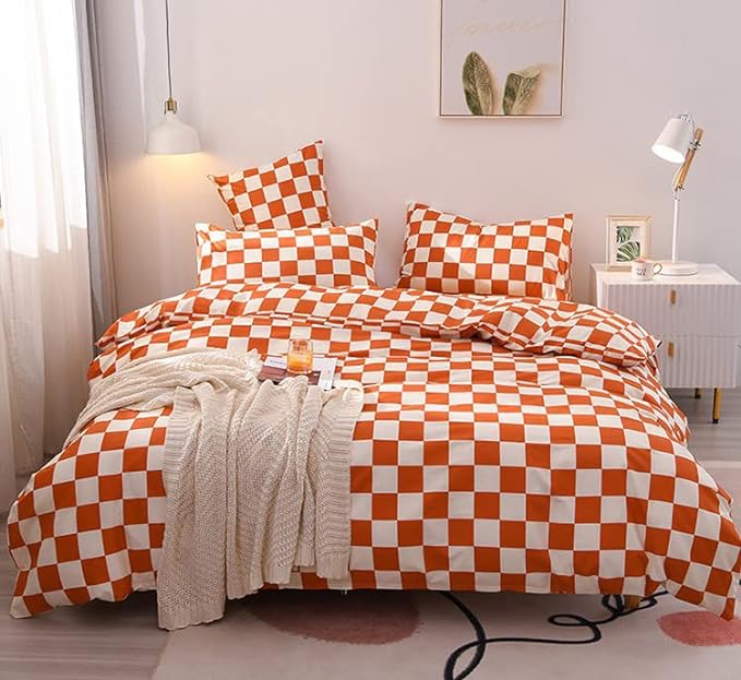 Orange White Grid Comforter Set Cal King Burnt Orange Plaid Bedding Set Women Reddish and White Checkered Bed Comforter Set Breathable Blanket Set Men Durable Bedding Comforter Set