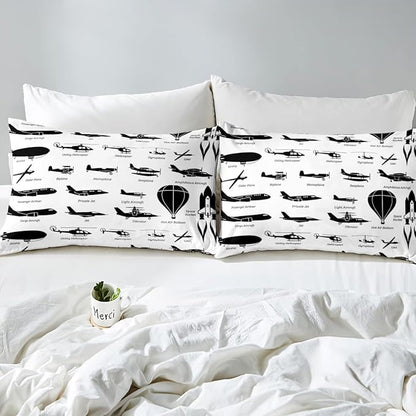 Erosebridal Airplane Comforter Set Queen,Black White Airplanes Bedding Set Space Rocket Aircraft Down Comforter for Boys Kids Teens Room Decor,Helicopter Biplane Quilt Duvet Sets with 2 Pillow Cases