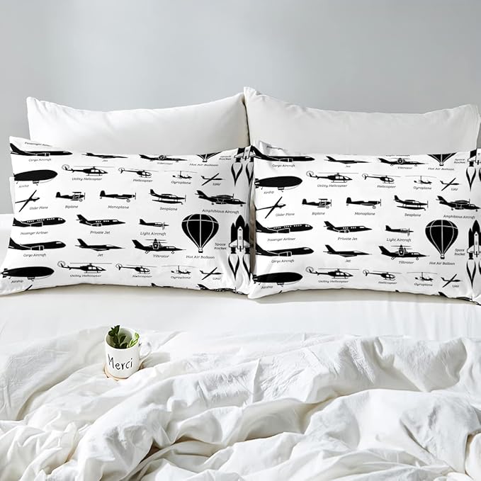 Erosebridal Airplane Comforter Set Full,Black White Airplanes Bedding Set Space Rocket Aircraft Down Comforter for Boys Kids Teens Room Decor,Helicopter Biplane Quilt Duvet Sets with 2 Pillow Cases