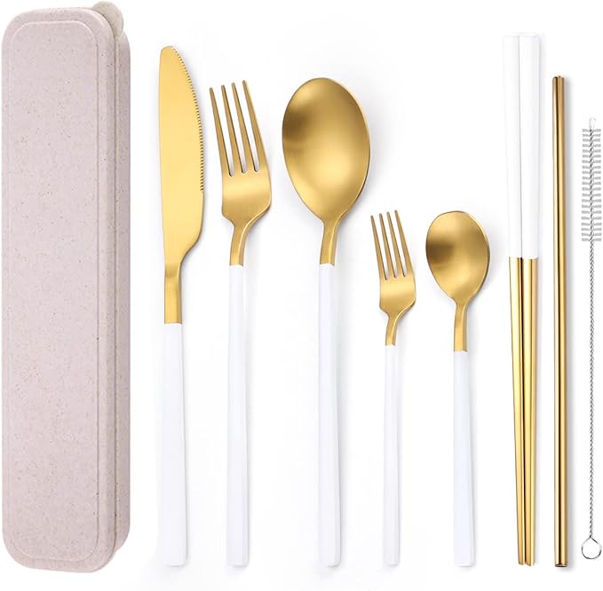 AARainbow 8 Pieces Stainless Steel Flatware Set Portable Reusable Cutlery Set Travel Utensils Set Including Chopsticks Knife Fork Spoon Straws Cleaning Brush Dishwasher Safe (B-White Golden)