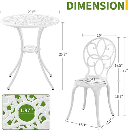 Patio Bistro Sets, Cast Aluminum Bistro Table and Chairs Set of 2 with Umbrella Hole, Bistro Set 3 Piece Outdoor, Metal Patio Furniture Set for Garden Porch, White