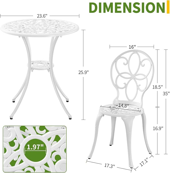 3 Piece Cast Aluminum White Bistro Set Outdoor Bistro Table and Chairs Set of 2,Metal Bistro Patio Table Set with Umbrella Hole,Patio furniture Set for Garden,Front Porch.