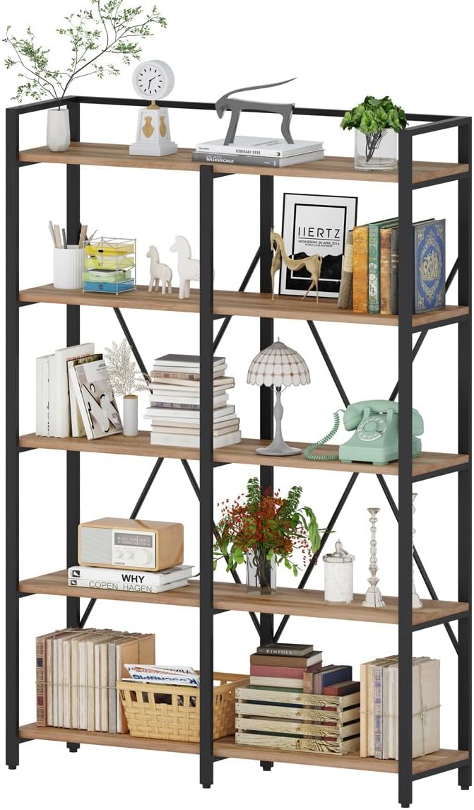 BON AUGURE Industrial Bookshelves and Bookcases, 5 Tier Heavy Duty Etagere Shelving Unit, Farmhouse Rustic Wood Metal Book Shelves for Office, Living Room and Bedroom (Vintage Oak, 43.31 inch Wide)