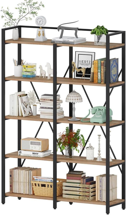 BON AUGURE Industrial Bookshelves and Bookcases, 5 Tier Heavy Duty Etagere Shelving Unit, Farmhouse Rustic Wood Metal Book Shelves for Office, Living Room and Bedroom (Vintage Oak, 43.31 inch Wide)