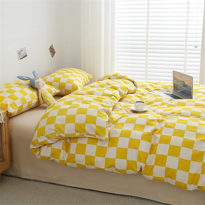 Wellboo Yellow and White Comforter Sets King Women Men Bright Yellow Checkerboard Grid Bedding Comforters Cotton Boys Girls Modern Light Yellow Checkered Geometric Quilts Luxury Elegant Yellow Bed
