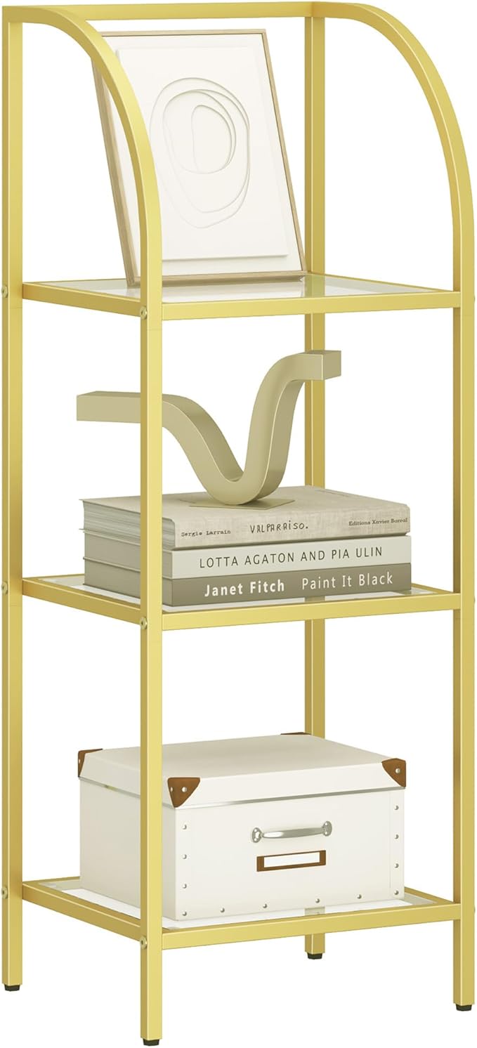 Bookcase Bookshelf, Tempered Glass Arched Bookshelf for More Storage, Slim Shelving Unit for Bedroom, Bathroom, Home Office, Steel Frame, 3 Tier Gold BC20399G