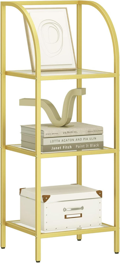 Bookcase Bookshelf, Tempered Glass Arched Bookshelf for More Storage, Slim Shelving Unit for Bedroom, Bathroom, Home Office, Steel Frame, 3 Tier Gold BC20399G