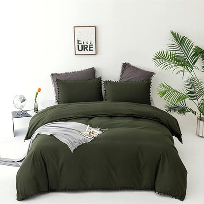 Army Green Comforter Cal King Dark Green Pom Green Comforter 3 PCs Soft Olive Green Boho Ball Pom Fringe California King Comforter Bedding Set Women Solid Dark Green Bed Comforter All Season
