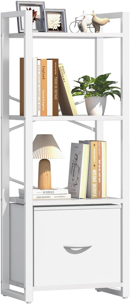 Yoobure Bookshelf, 4 Tier Book Shelf with Drawer, Small Bookcase Narrow Book Case, Industrial Bookshelves Shelf for Bedroom Living Room Office, Book Storage Organizer for CD/Movie White