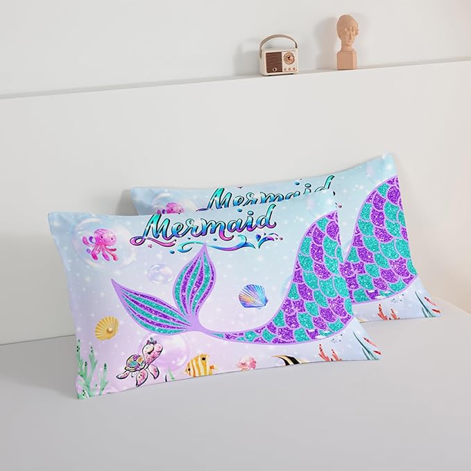 HOSIMA Mermaid Tail Comforter Set for Kids Girls Teens Bedroom Decor,Cartoon Scallop Sea Turtle Sea Horses Octopus Kawaii Bedding Set Mermaid Fish Scale King Size Comforter Set.Ocean Comforter