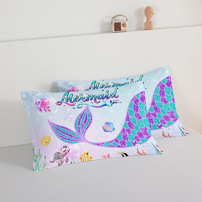 HOSIMA Mermaid Tail Comforter Set for Kids Girls Teens Bedroom Decor,Cartoon Scallop Sea Turtle Sea Horses Octopus Kawaii Bedding Set Mermaid Fish Scale Comforter,Ocean Full Size Bed in a Bag Set.